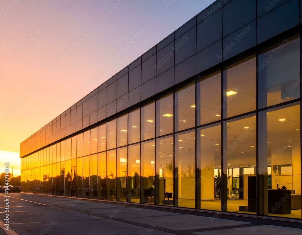 Fototapeta premium Modern glass building at sunset. Golden hour reflection in windows.