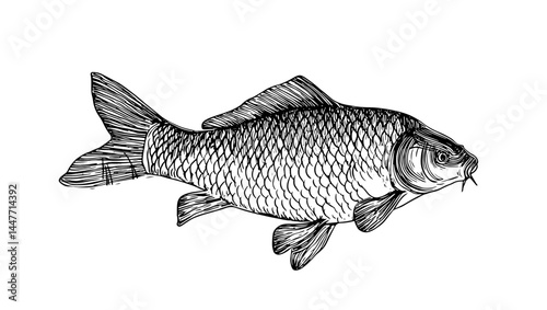 Intricate vector illustration of a carp fish, showcasing detailed scales and fins. Perfect for nature-themed designs, educational materials, or aquatic projects. High-quality line art.