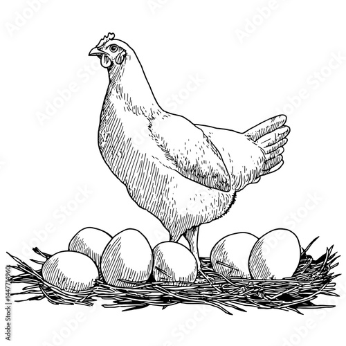 Detailed vector illustration of a hen with eggs in a nest, perfect for farm, agriculture, and organic food themes. Ideal for rustic, countryside, and poultry design projects.