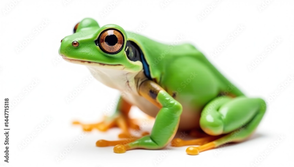 Obraz premium Single, vibrant green frog against pure white, white backdrop, tropical, texture