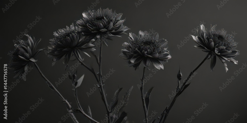 Obraz premium Intricate charcoal blooms, elegant black stems Dark grey backdrop , vintage, pattern