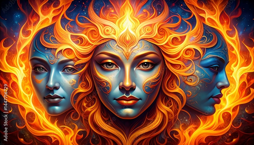 Fiery Goddess Trinity A mesmerizing digital painting of three celestial women engulfed in flames, their faces adorned with intricate, ornate designs against a cosmic backdrop.