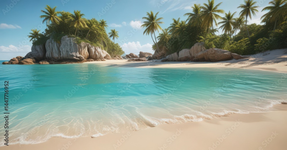 Fototapeta premium Golden sand, turquoise water, lush island backdrop, vacation, ocean
