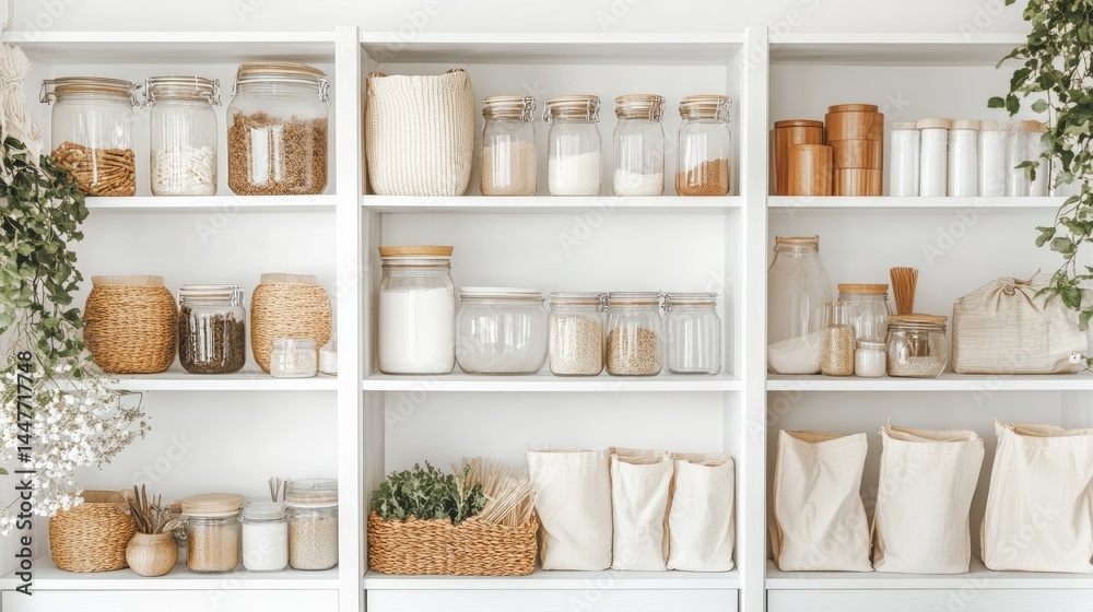 Neatly organized shelf of zero waste products such as refillable containers, reusable jars, and fabric pouches Neatly organized shelf of zero waste products such as refillable containers, reusable jars, and fabric pouches
