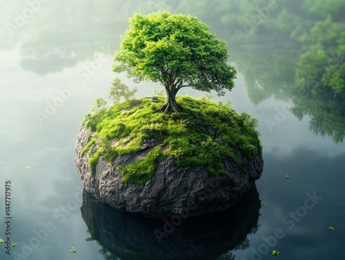 tree on the shore of lake, island with tree, environmentally responsible image