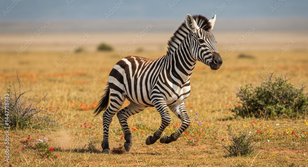 Naklejka premium Zebra running across savanna grassland