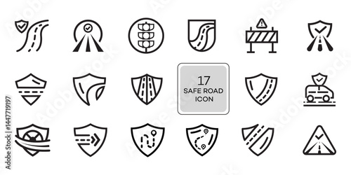 Seventeen Safe Road Icons Highway, Traffic, Safety, Shield