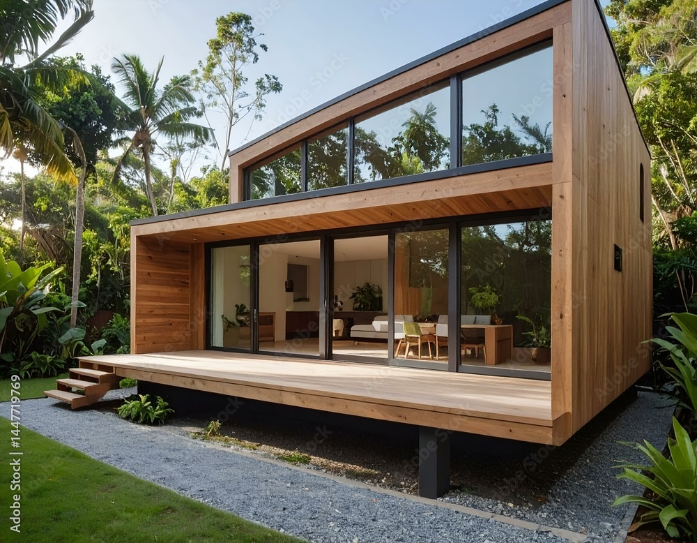 Fototapeta premium Modern tropical house with large windows and wooden deck.