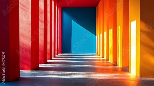 Long corridor with bold and bright color blocks creating an engaging and dynamic visual experience