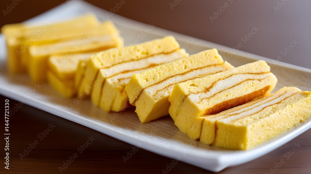 Close-up of beautifully sliced tamagoyaki, a classic Japanese rolled omelet, ready to be served. Close-up of beautifully sliced tamagoyaki, a classic Japanese rolled omelet, ready to be served.