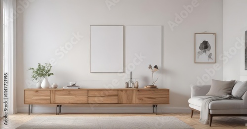 Modern living room, white wall, poster mockup, wooden clips ,  interior design,  frame