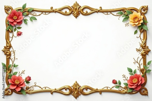 Ornate gold scroll frame adorns a white background with intricate patterns of flowers and vines , filigree, sophisticated , scroll