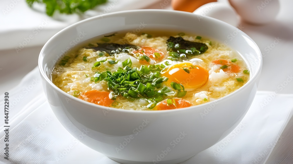 A comforting bowl of egg drop soup, beautifully garnished and filled with flavor. A comforting bowl of egg drop soup, beautifully garnished and filled with flavor.