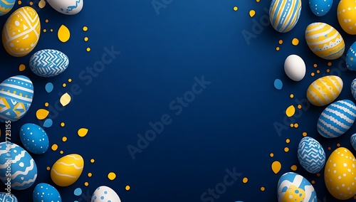 Easter background with blue, yellow and white eggs on a dark blue background.