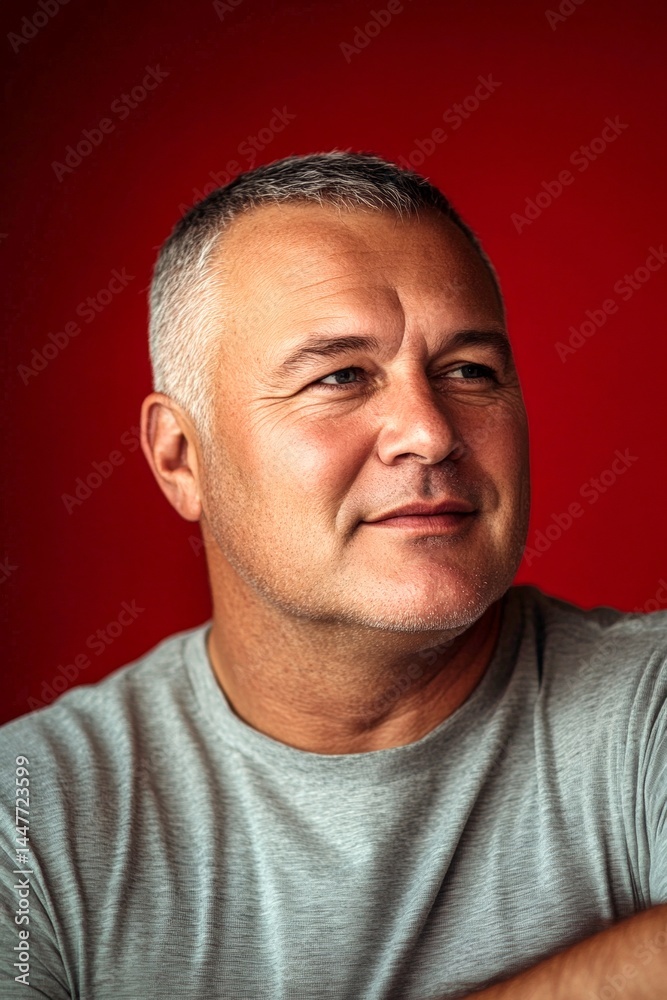 Visual idea of style for aging men. A serene and handsome man posing in style. Red solid background. Elegant men's crew cut haircut - midlife white man with hair.