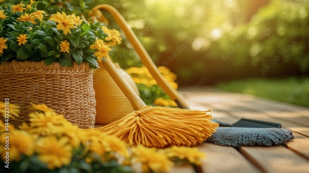 Fototapeta premium Sunny Garden Cleaning: Yellow Flowers and Cleaning Tools on Wooden Deck