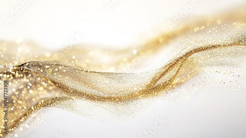 A close-up of an elegant, shimmering gold thread with delicate waves and sparkles, floating in the air against a soft white background.
