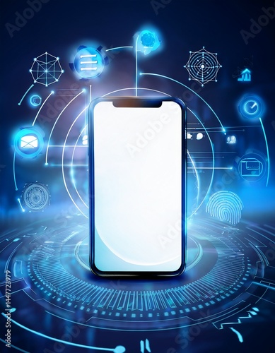 Pantalla de móvil en blanco con iconos de tecnología alrededors