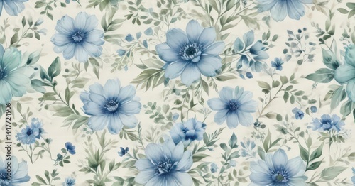 Subtle blue and green watercolor flowers on a creamy white, delicate floral repeat pattern , beautiful, green, aesthetic