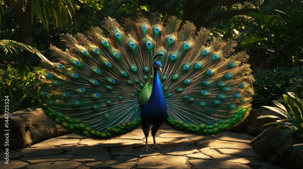 Obraz premium Peacock displaying iridescent tail feathers in full fan, standing on stone path with tropical foliage around