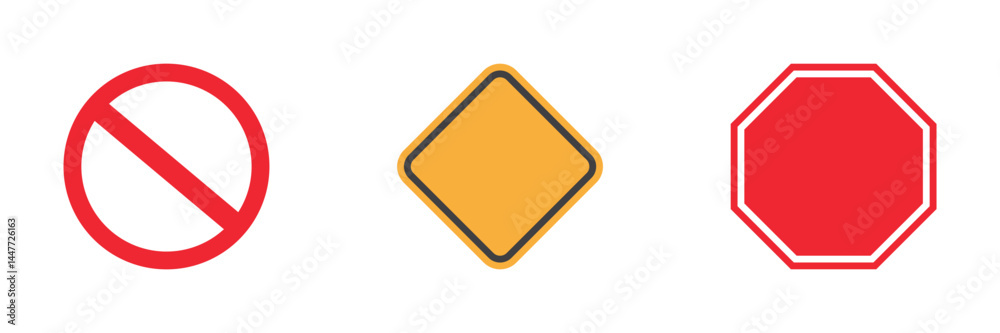 Set of empty signs. Crossed out red circle, stop blank sign in red octagon, blank yellow sign. Priority road icon, traffic sign. Empty NO symbol. Vector. EPS10. Set of empty signs. Crossed out red circle, stop blank sign in red octagon, blank yellow sign. Priority road icon, traffic sign. Empty NO symbol. Vector. EPS10.