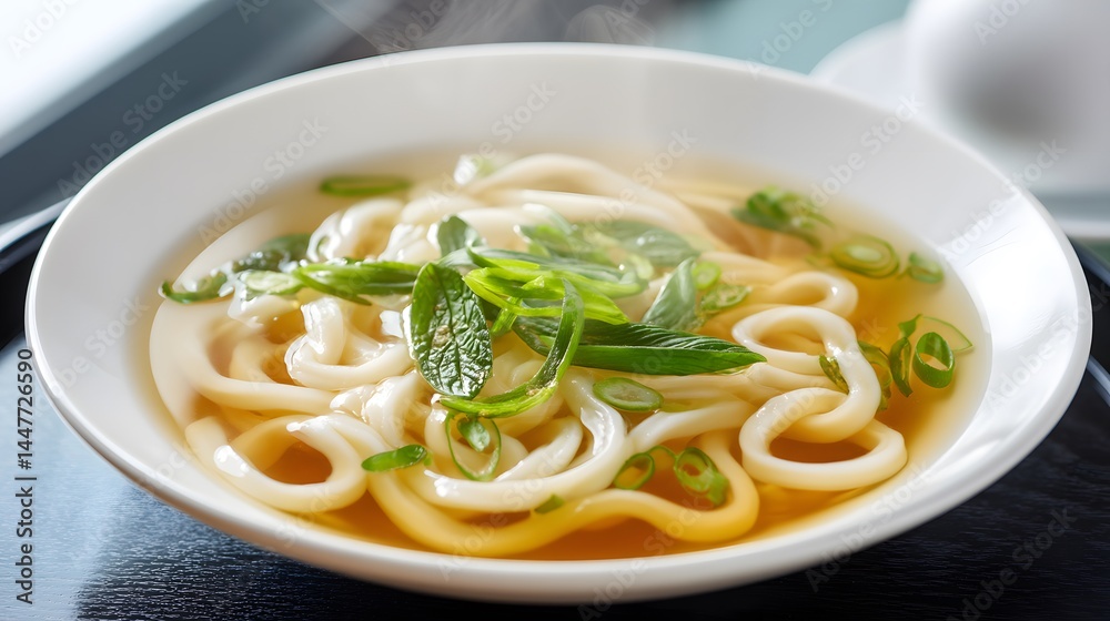 A delicious and warm bowl of udon noodle soup garnished with fresh green onions. A delicious and warm bowl of udon noodle soup garnished with fresh green onions.