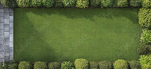 Top view of trimmed lawn grass, flat green surface with subtle color variation and realistic shadowing.