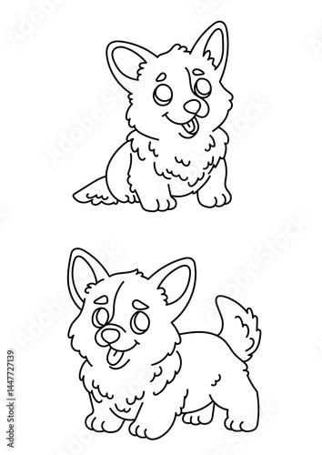 Playful Welsh Corgi Puppies Coloring Page – Cute Line Art Printable for Kids, Preschool, and Kindergarten Activities
