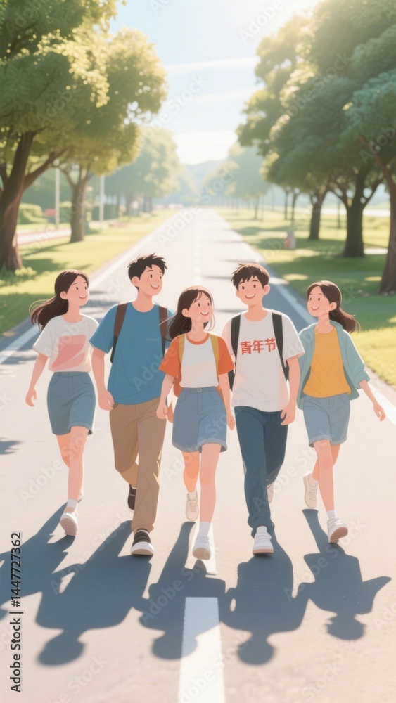 Obraz premium Five young people walking together on a tree-lined path