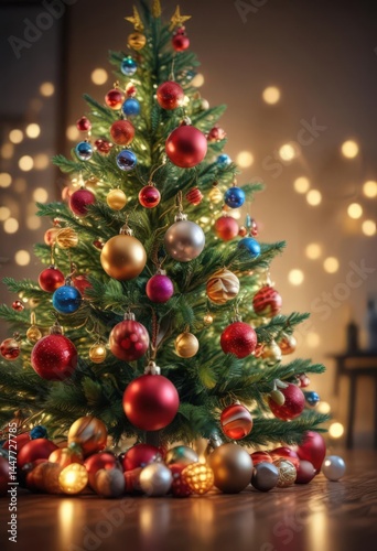 Vibrant baubles adorn a glowing Christmas tree, bokeh lights blur the background ,  holiday lights,  xmas lights