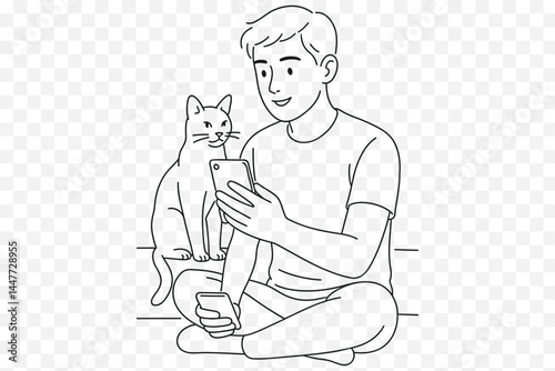 Young Man Using a Smartphone for a Video Call with a Cat Sitting Next to Him Minimalist Digital Lifestyle Scene