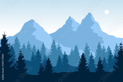 Beautiful vector forested landscape with iconic mountains in blue colors.