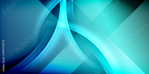 Abstract design features flowing curves, geometric shapes, vibrant blues, teal hues. Dark background enhances luminosity, creating dynamic visual effect.