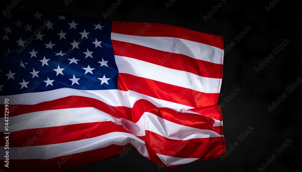 Fototapeta premium Dramatic close-up of an American flag waving against a black background.