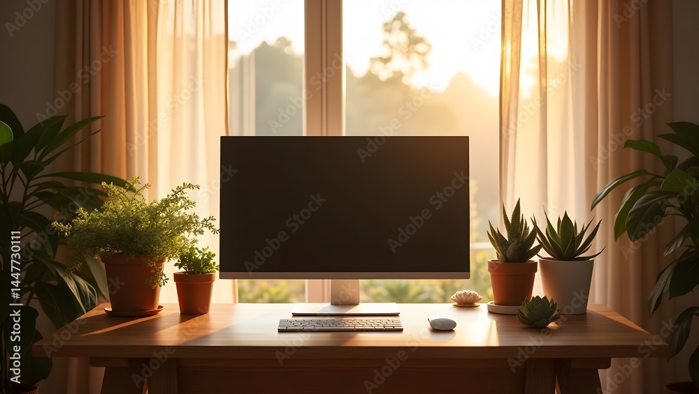 Fototapeta premium Serene Workspace: A bright and airy workspace bathed in natural sunlight, featuring a computer monitor, indoor plants, and a wooden desk, fostering productivity and a connection with nature.
