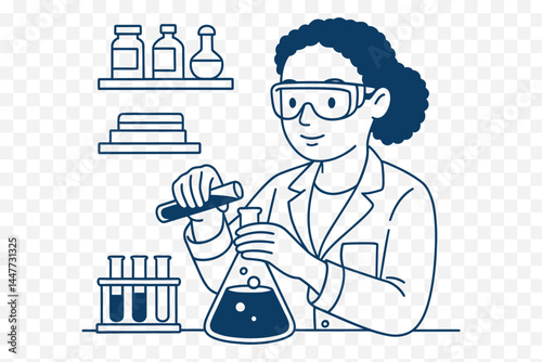 Minimalist Science Concept Illustration of a Female Scientist Mixing Chemicals in a Lab 