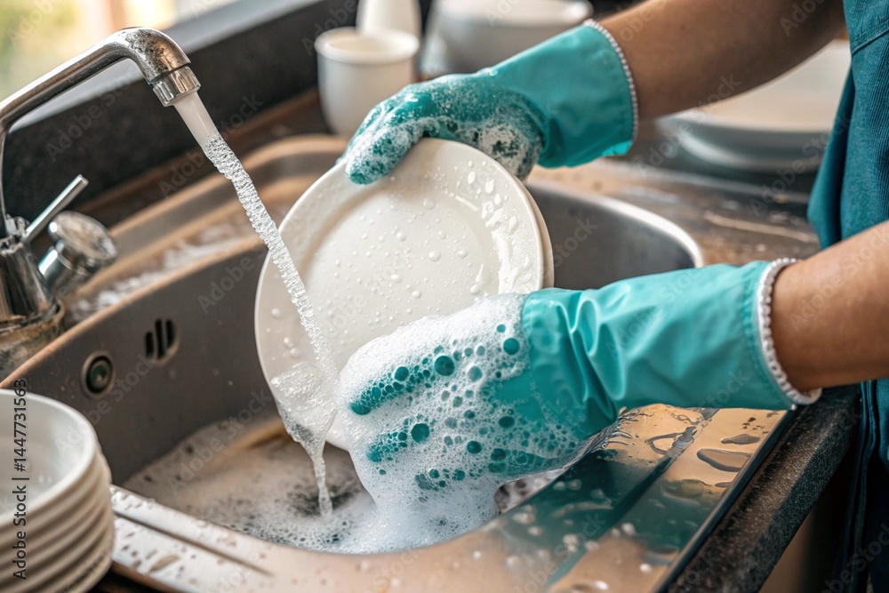 hands in gloves washing dishes