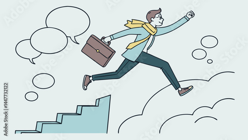 Advice, discussion talking, guidance, tips or suggestion for business success, help, wisdom, feedback to help develop improvement concept, businessman walk up speech bubble as stair to reach success.