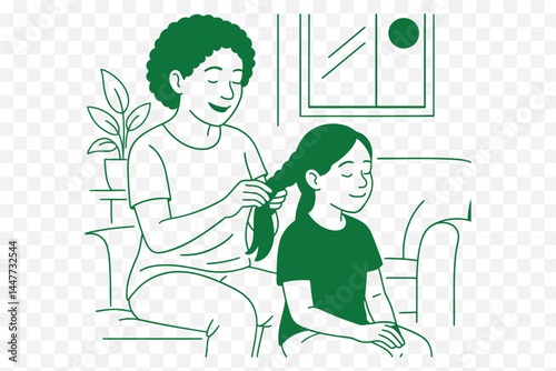 Mother Braiding Daughter’s Hair in a Sunlit Living Room