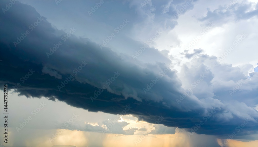 Obraz premium Dramatic storm cloudscape with rain and sunlight breaking through.