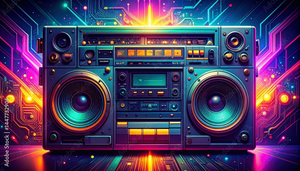 Fototapeta premium Retro Portable Audio System Pixel Art Neon Lights Synthwave Style