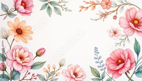 Delicate watercolor floral pattern, soft pastel shades, romantic, flower arrangement, texture