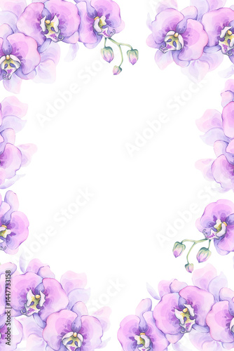 Purple orchid floral frame. Flower illustration. Transparent watercolor style. Hand-painted composition on a white background. Great for greeting cards, luxury gift tags, wall art, wedding invitations