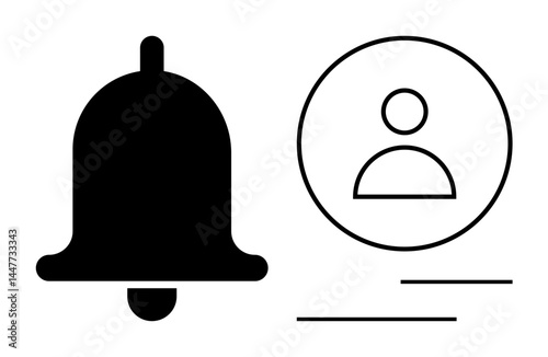 Black notification bell next to a user profile icon with abstract line elements. Ideal for notifications, alerts, settings, communication, personalization, user interface, flat simple metaphor
