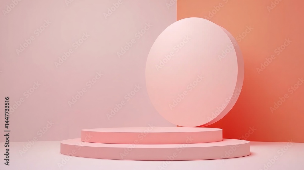 Geometric, pastel-pink display podiums against a color gradient backdrop. Geometric, pastel-pink display podiums against a color gradient backdrop.