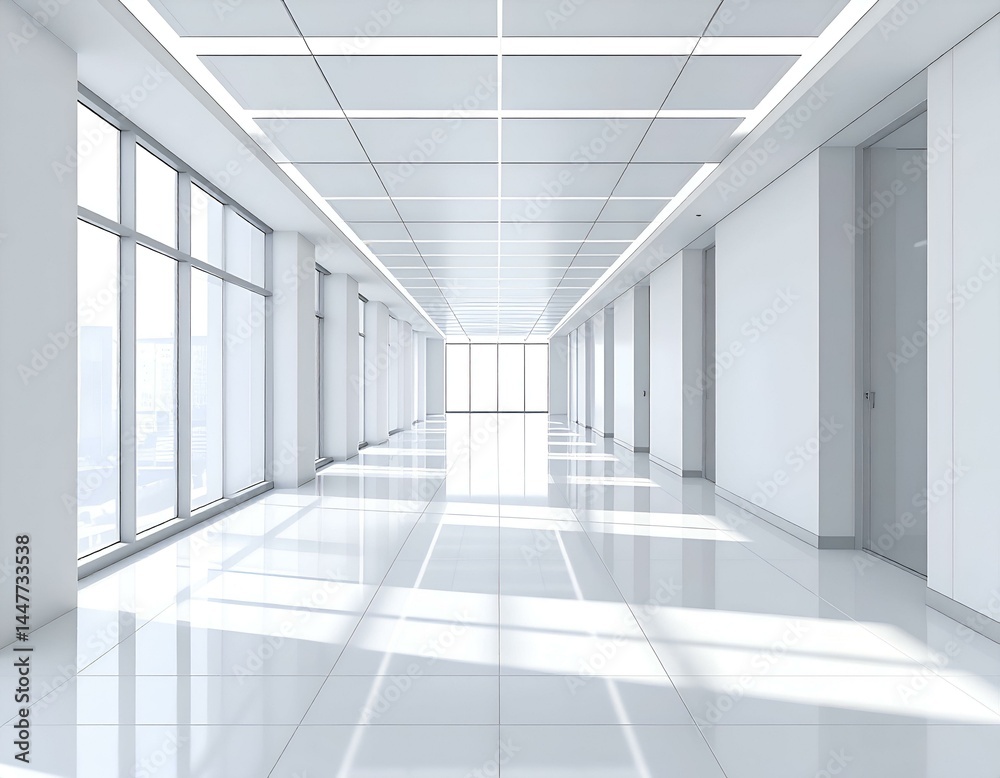 Modern, bright white office hallway with large windows and sunlight streaming through. Perfect for corporate, clean, minimalist design concepts. Modern, bright white office hallway with large windows and sunlight streaming through. Perfect for corporate, clean, minimalist design concepts.