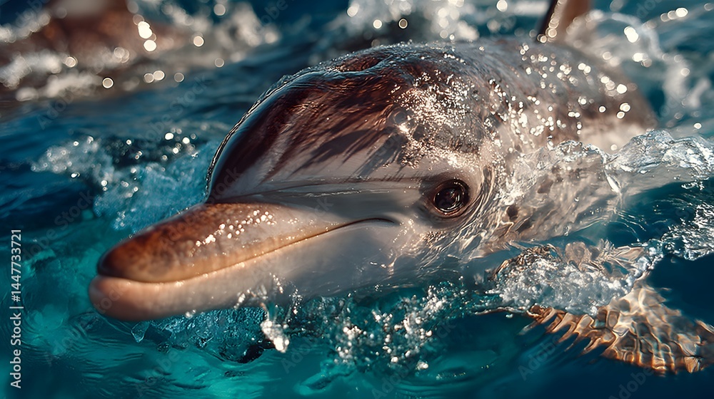 Fototapeta premium Close-up of dolphin smiling in clear ocean water