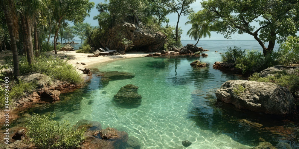 Naklejka premium Tranquil tropical lagoon surrounded by lush greenery and rocky formations on a sunny day