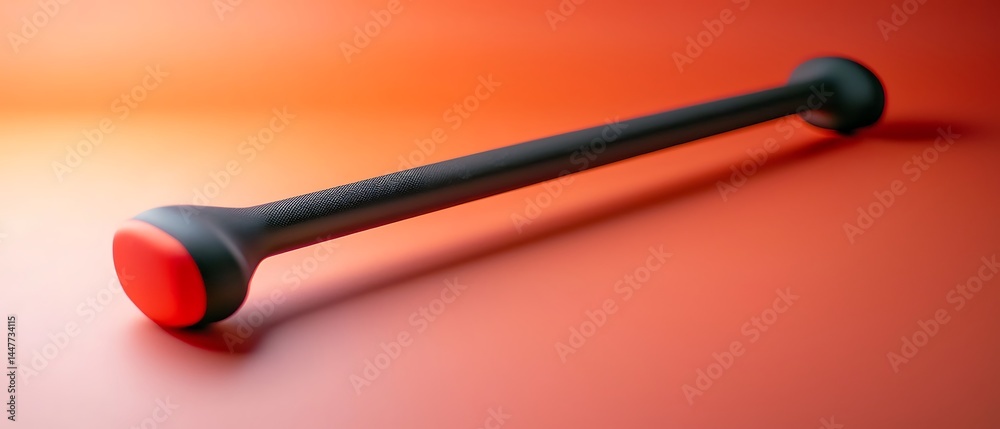 A black and red dumbbell on an orange gradient background with slight shadows A black and red dumbbell on an orange gradient background with slight shadows