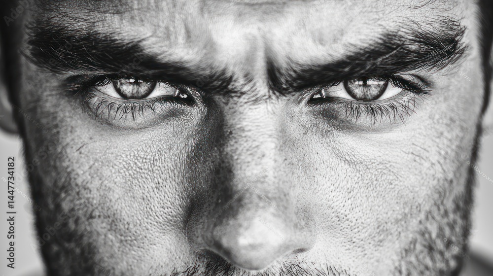 Naklejka premium Half of a man's face with a serious expression in black and white